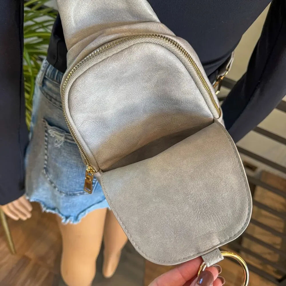 Moda Luxe Regina Vegan Leather Sling Backpack Gray Silver Boho Guitar Strap 888